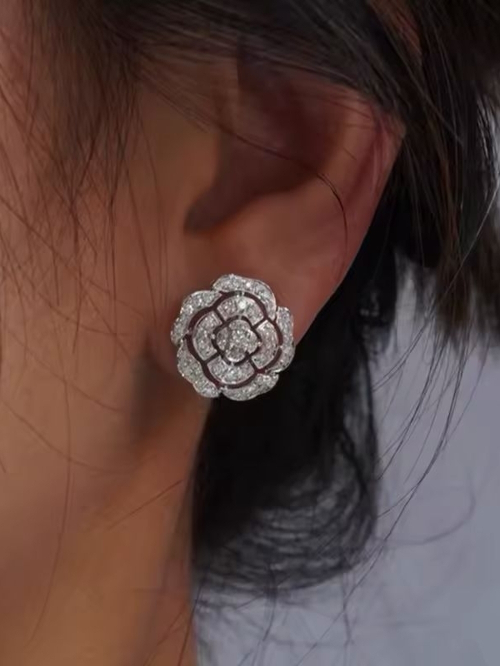 Silver Floral Pave Stud Earrings